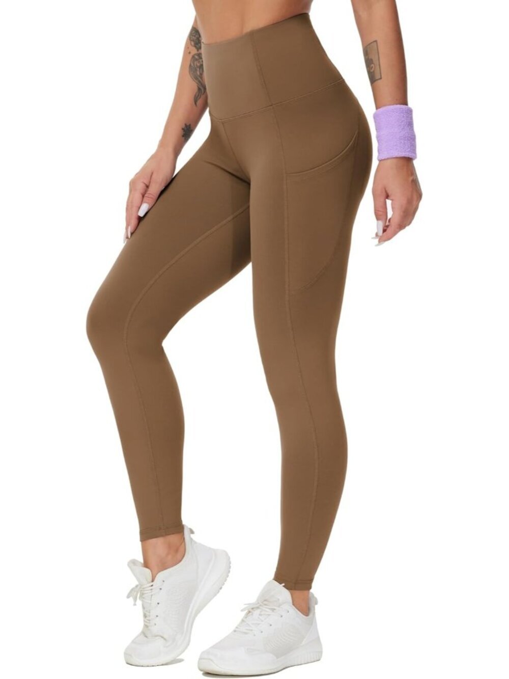 Women's Medium Brown Elastic Thick High Waist Tummy Control Workout Yoga Legging